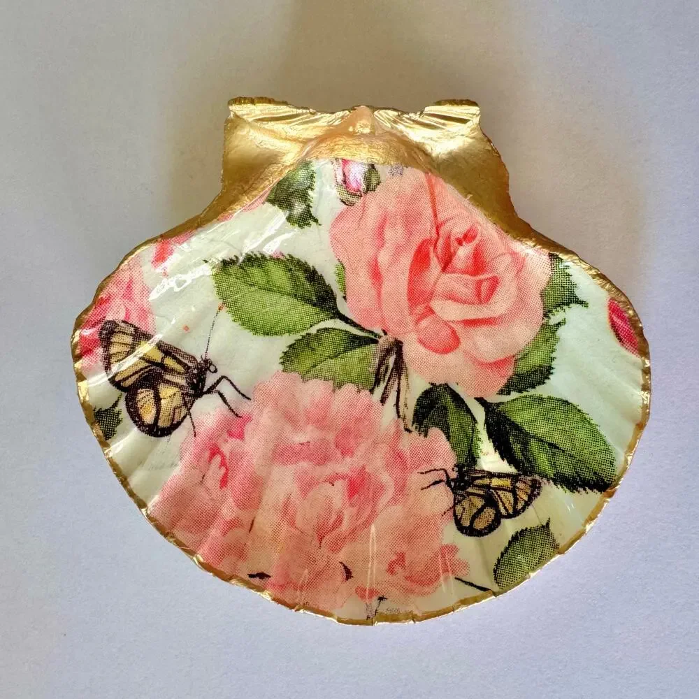 Rose Butterfly Shell Trinket Dish I Floral Ring Jewelry Holder